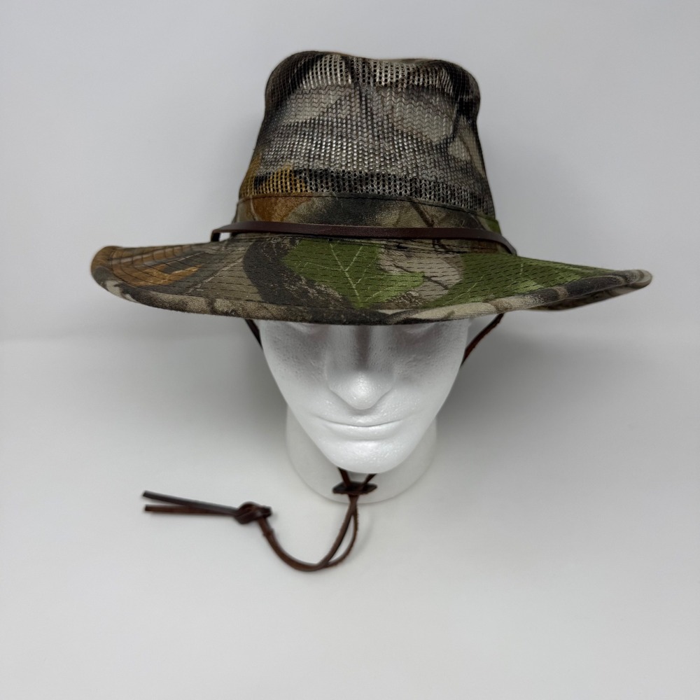 RedHead Mens Camo Mesh Crown Safari Hat Wide Brim Leather Chin Strap Small
